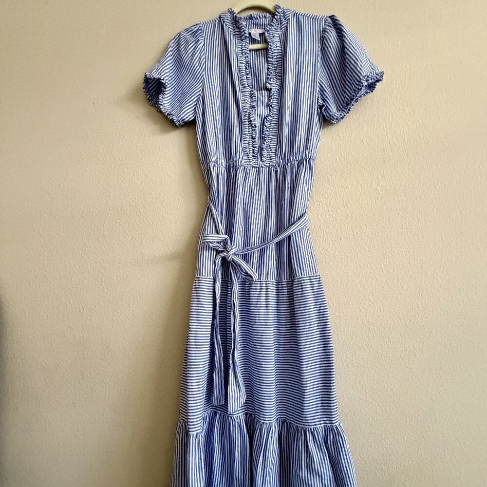 Blue & White Striped Tiered Midi Dress with Belt